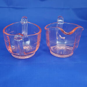 Vintage Pink Pressed Glass Cream and Sugar Set Etched Floral‎ Pattern